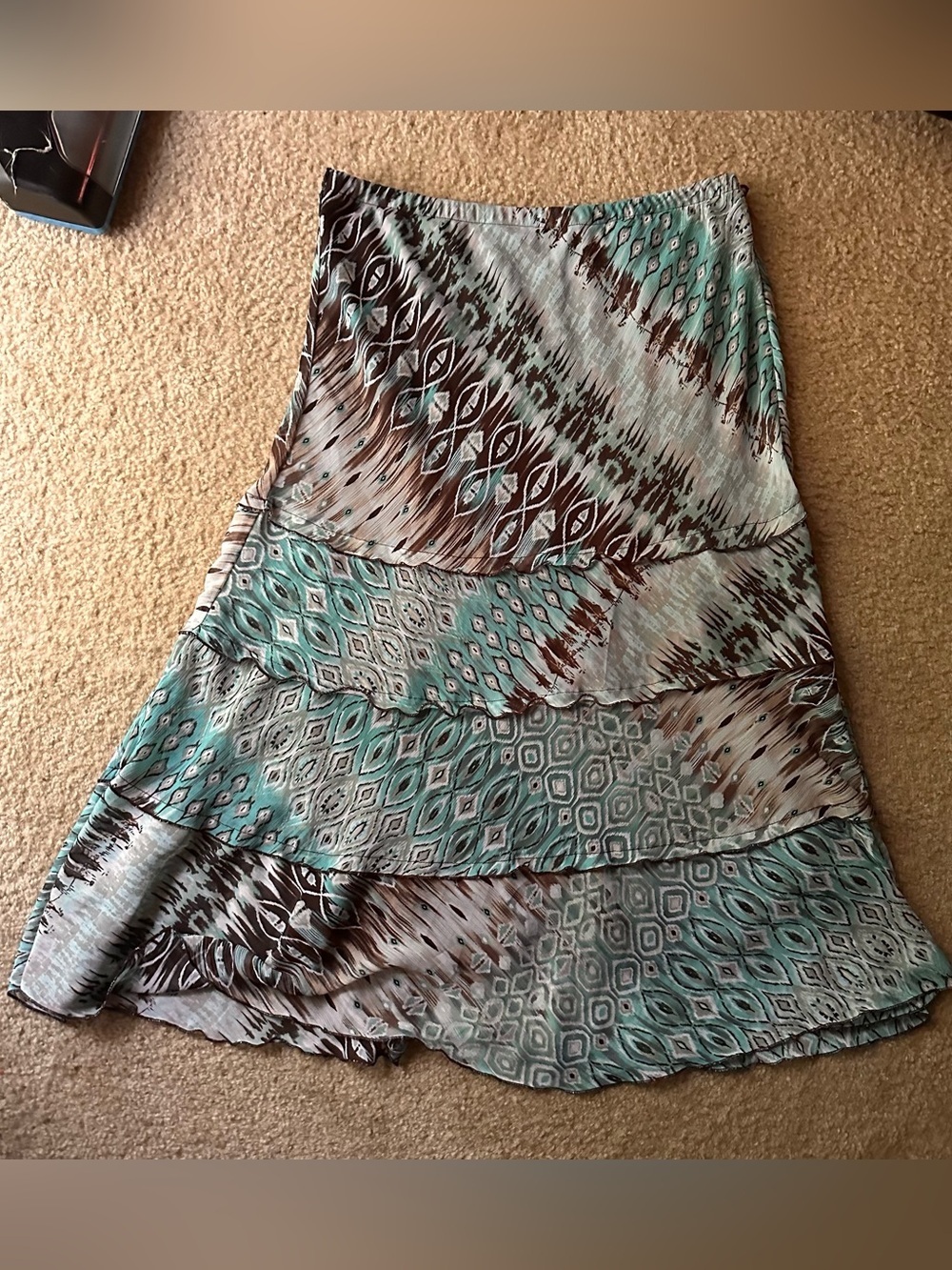 Boho Tiered Maxi Skirt in Teal and Brown